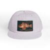 White snapback hat with a vintage motorcycle graphic patch.