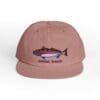 A brown cap with a colorful fish embroidery and text.