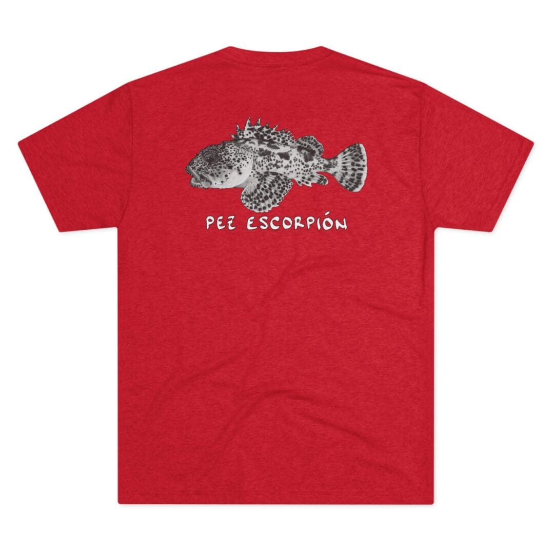 Red t-shirt with a fish graphic and text.