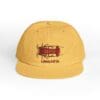 Yellow cap with a vintage car and 'MANGOSTA' text embroidered.