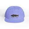 Light purple cap with a black fish design and text.