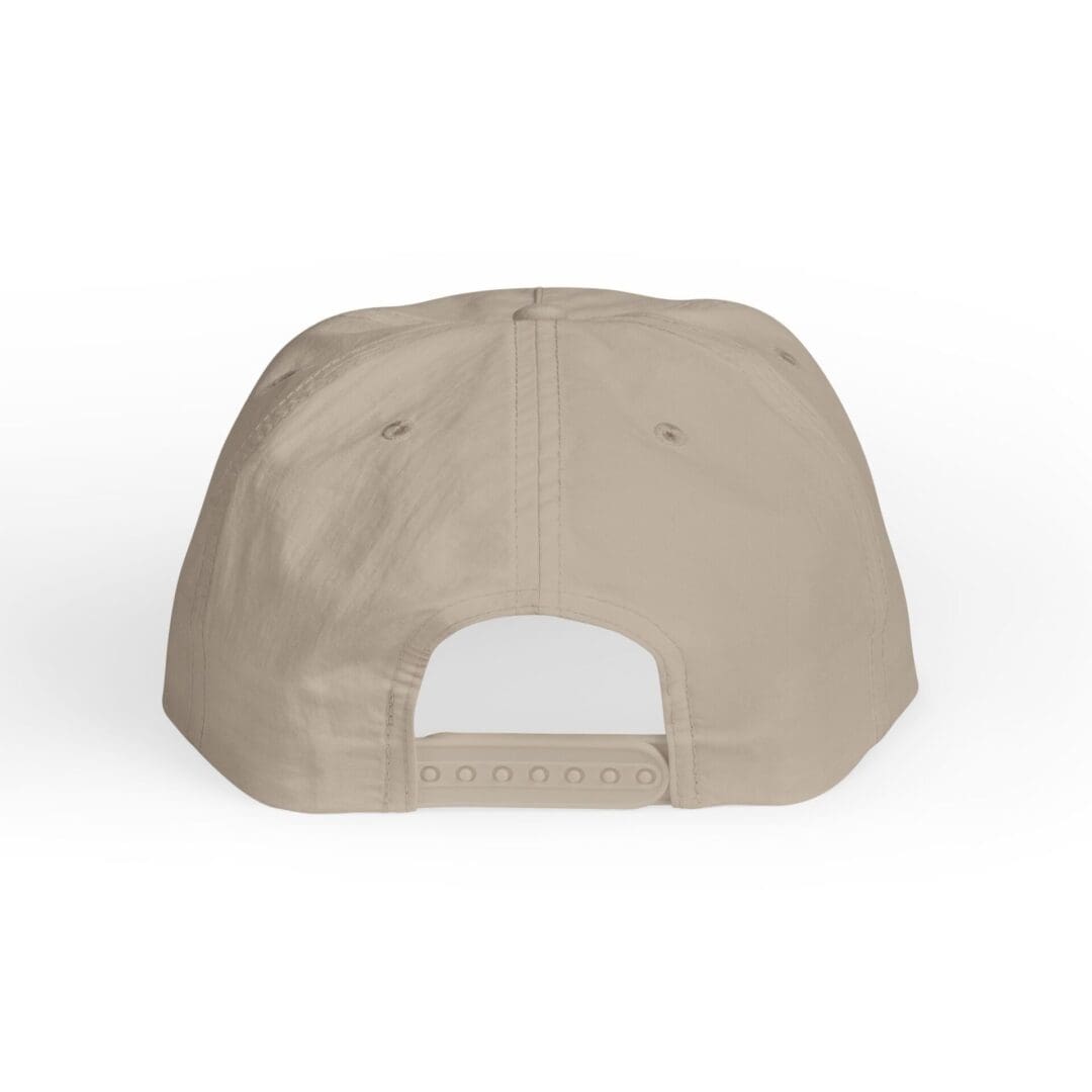 Beige baseball cap viewed from the back with adjustable strap.