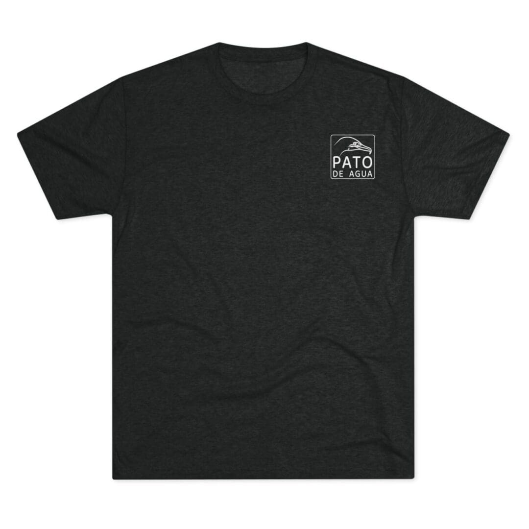 Black T-shirt with a small white logo on the front.