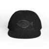 Black cap with a fish design and French text.