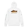 White hoodie with a detailed fish graphic and text on the front.