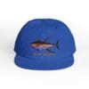 Blue cap with a colorful tuna fish design and text.