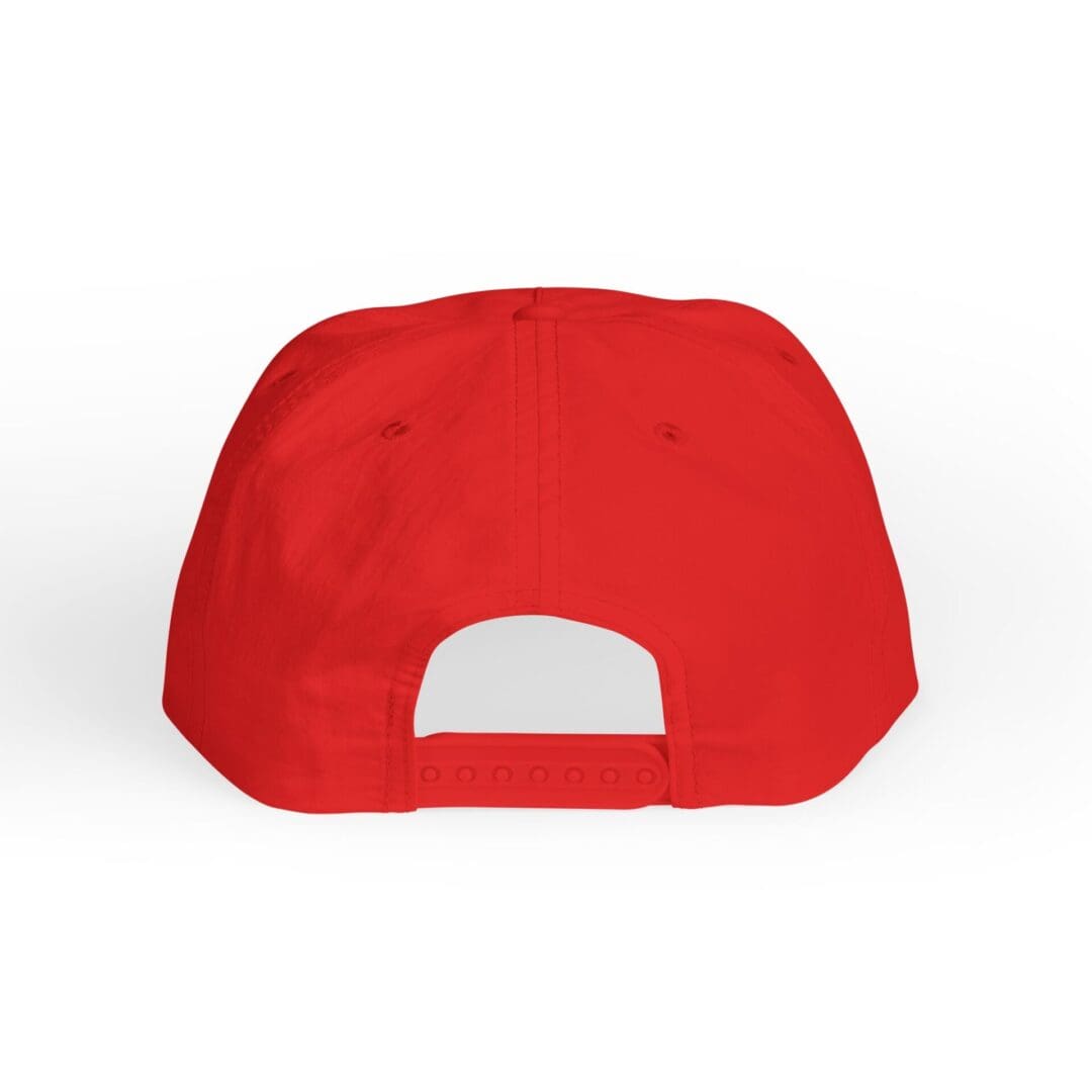 Red baseball cap shown from the back with adjustable strap.