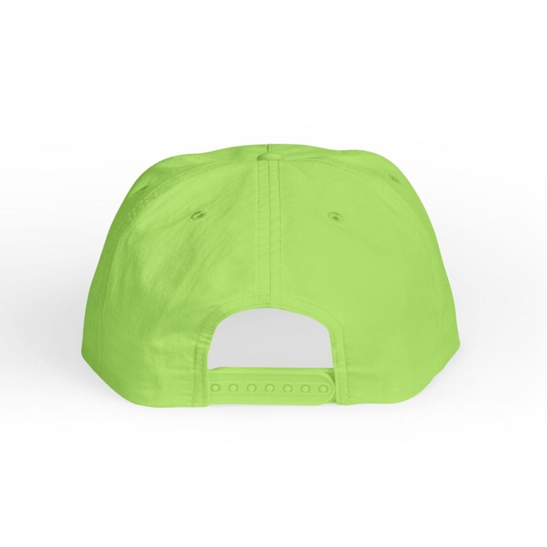 Back view of a lime green baseball cap with an adjustable strap.