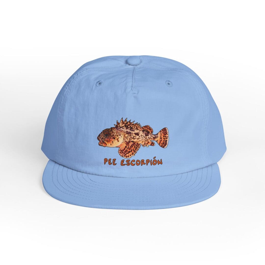 Light blue cap with a fish embroidery and text.