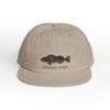 Beige cap with fish embroidery and text on front.