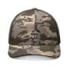 Camouflage baseball cap with embroidered text.