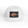 White snapback hat with a colorful graphic patch on the front.