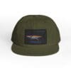 Olive green baseball cap with a navy and orange patch on the front.