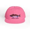 Pink baseball cap with a fish graphic and text.
