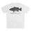 White T-shirt with a black fish graphic and text.