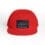 Red baseball cap with a rectangular patch on the front.