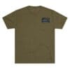Olive green T-shirt with a small rectangular patch on the chest.