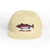 Beige cap with embroidered fish and text.