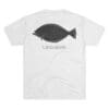 White t-shirt with a black fish graphic and text.