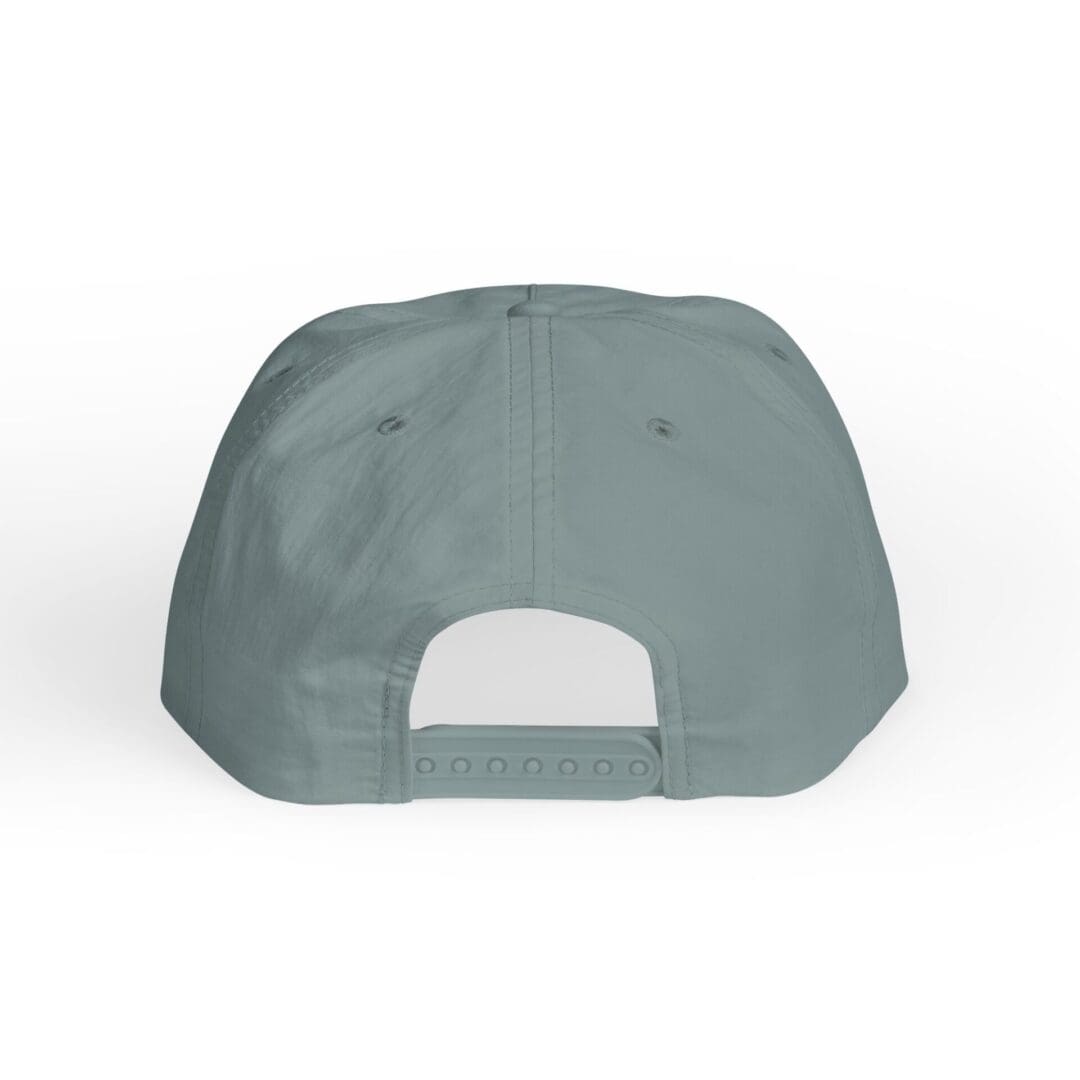 Back view of a plain green baseball cap with an adjustable strap.