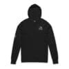 Black hooded sweatshirt with a small white graphic on the chest.