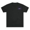Black t-shirt with small purple and white design on chest.
