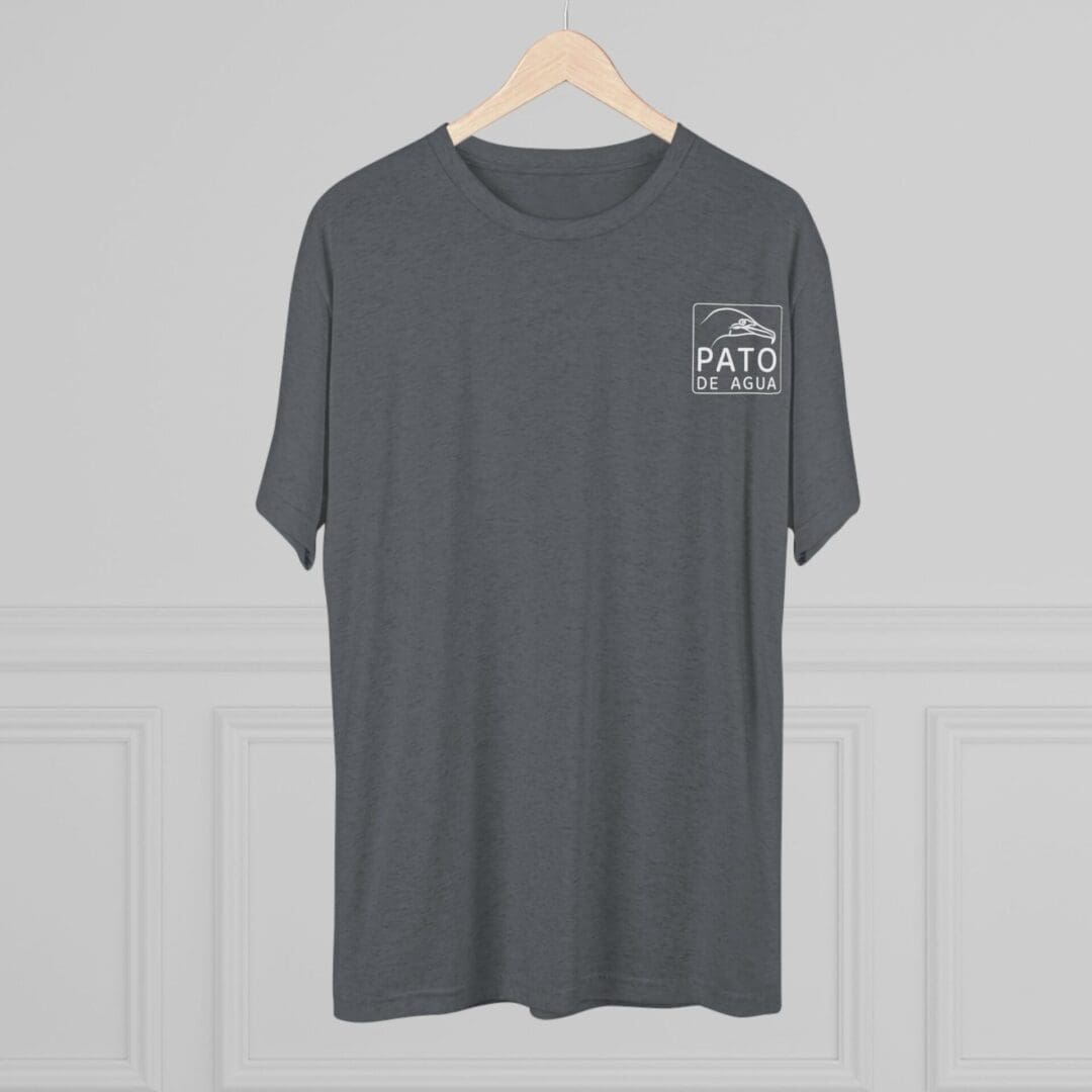 Dark gray T-shirt with white text on the left chest.