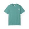 Teal short-sleeve t-shirt with small white text on the chest.