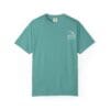Teal short-sleeve T-shirt with small white graphic on chest.