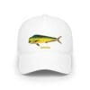 White baseball cap with a colorful fish illustration and 
