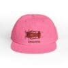 Pink baseball cap with a brown graphic and text.