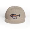 Beige cap with a colorful fish graphic and text.
