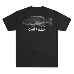 Black t-shirt with a graphic of a fish and the word 'CABRILLA'.